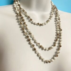 Glass Beads White Gray Sparkly Faceted Long Necklace Over-The-Head Style